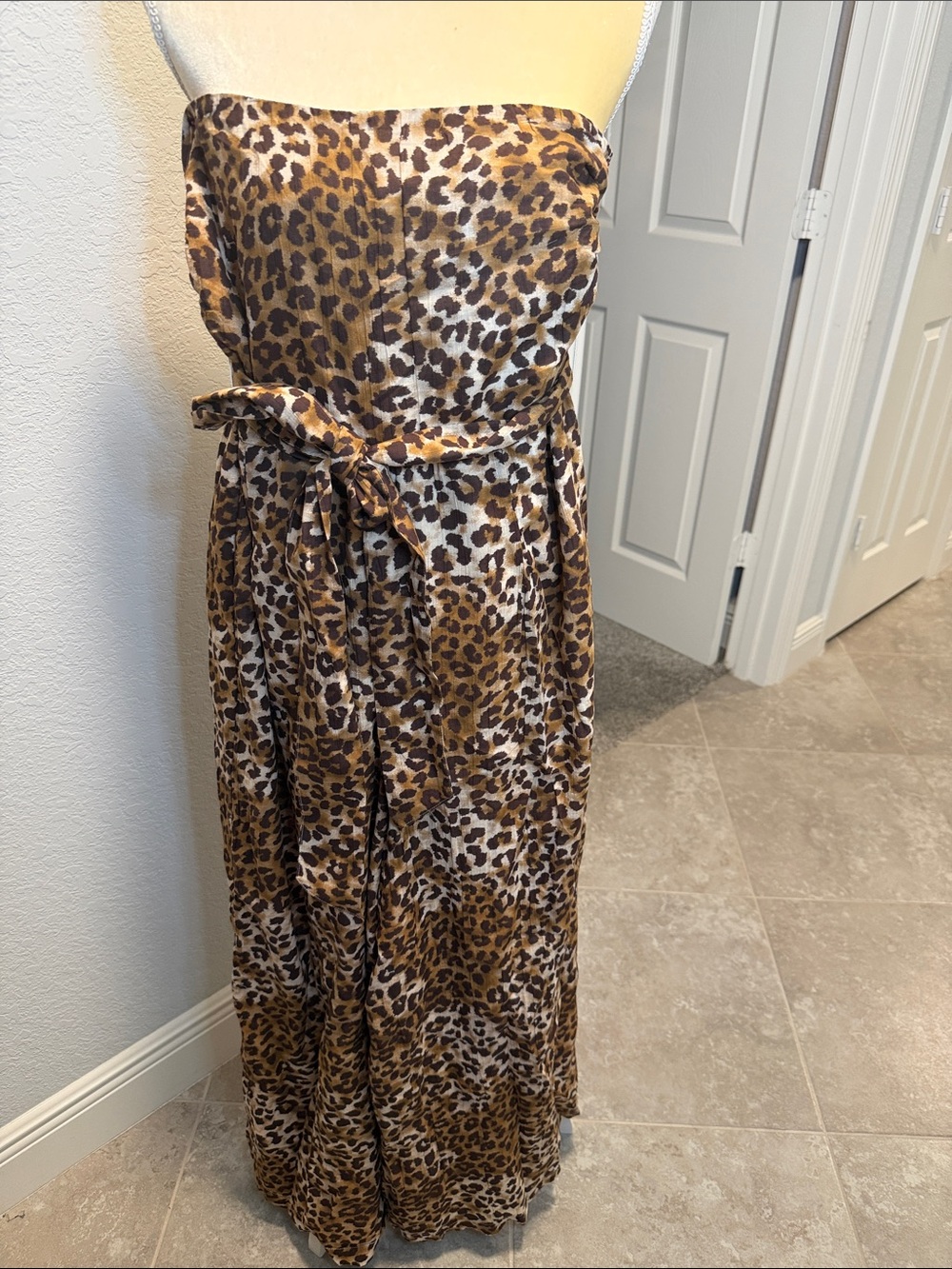 American Eagle Leopard-Print Strapless Wide-Leg Jumpsuit